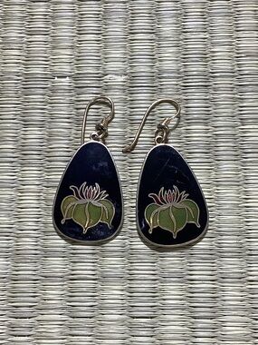 Laurel Burch Earrings Water Lily Lotus Flower Cloisonné Dangle Earrings